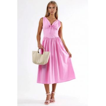 Rochie midi  decolteu in V - roz - bumbac/poliester