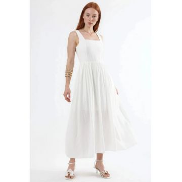 Rochie midi  decolteu patrat - alb - poliester - fara maneci