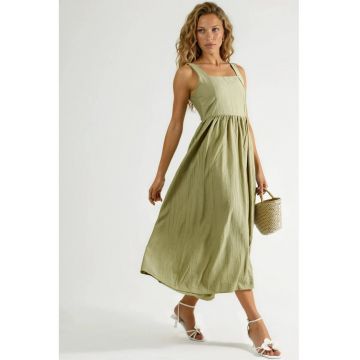 Rochie midi  decolteu patrat - verde masliniu - poliester - fara maneci