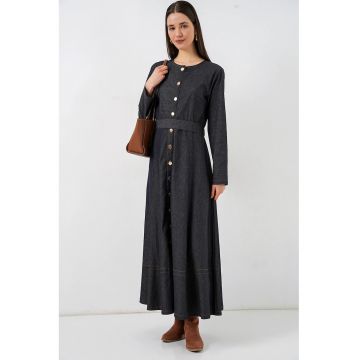 Rochie Midi -  Denim - Albastru Marin - cu Cordon - Maneca Lunga