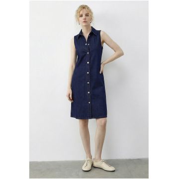 Rochie midi -  denim - bleumarin - guler de camasa - cu buzunar