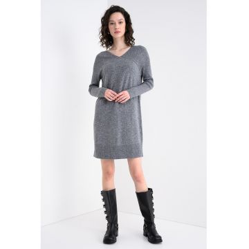Rochie midi din amestec de lana cu decolteu in V - Gri melange