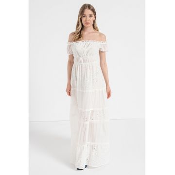 Rochie midi din dantela sangallo cu decolteu pe umeri - Alb