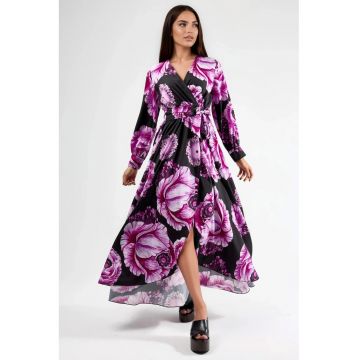 Rochie Midi -  Floral - Elegant - Roz/negru - Poliester/Lycra