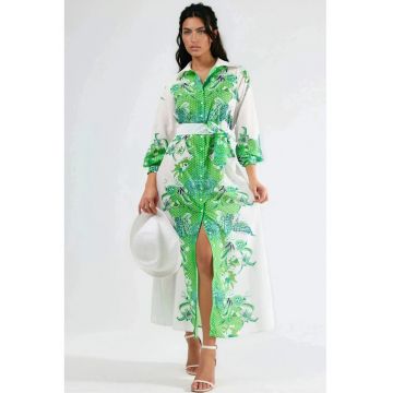 Rochie Midi -  Floral - Multicolor - Poliester cu Lycra - Maneca lunga - Guler - Cu cordon