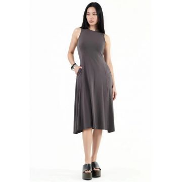 Rochie Midi  Gri - cu Buzunare - Poliester/Elastan