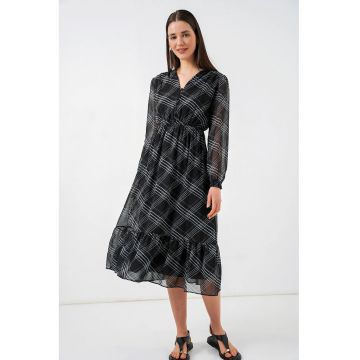 Rochie midi  gri - poliester - decolteu in V - inchidere cu nasturi