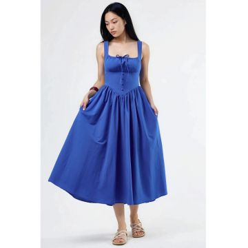 Rochie Midi  guler patrat - cu nasturi - bumbac/poliester - Albastru cobalt