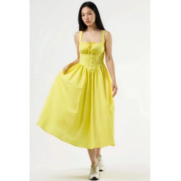 Rochie Midi  guler patrat - cu nasturi - bumbac/poliester - Galben lamaie