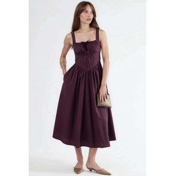 Rochie Midi  guler patrat - cu nasturi - bumbac/poliester - Mov