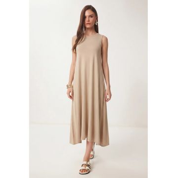 Rochie midi - Happiness Istanbul - A-Line - cu buzunar - bej natural - bumbac/elastan