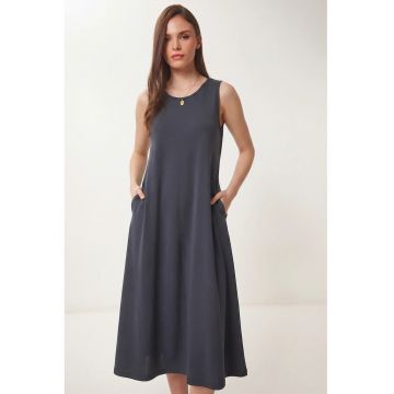 Rochie Midi - Happiness Istanbul - A-Line - Gri inchis - Cu Buzunar - Bumbac