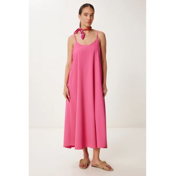 Rochie midi Happiness Istanbul - croiala lejera - roz - poliester/bumbac -