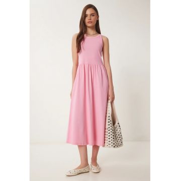 Rochie Midi - Happiness Istanbul - cu guler rotund - roz - bumbac