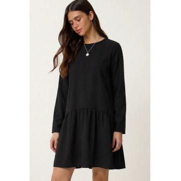 Rochie midi - Happiness Istanbul - cu guler rotund - volanase - neagra - poliester