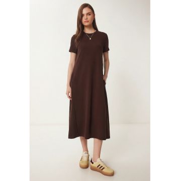 Rochie midi Happiness Istanbul - cu maneci scurte - maro inchis - bumbac/poliester/elastan