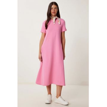 Rochie midi Happiness Istanbul - cu maneci scurte - roz - bumbac -