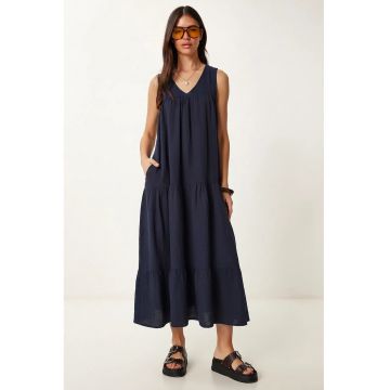 Rochie midi Happiness Istanbul - cu volane - bleumarin - bumbac