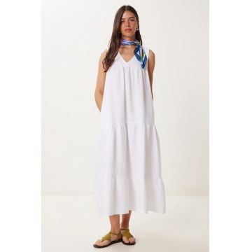 Rochie midi Happiness Istanbul - cu volane - decolteu in V - bumbac - alb