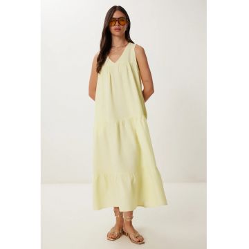Rochie midi Happiness Istanbul - cu volane - decolteu in V - bumbac - Galben lamaie