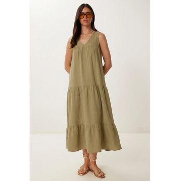 Rochie midi Happiness Istanbul - cu volane - decolteu in V - bumbac - Verde masliniu