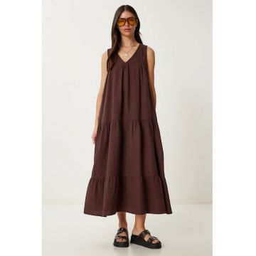 Rochie midi Happiness Istanbul - cu volane - decolteu in V - maro - bumbac