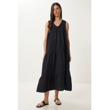Rochie midi Happiness Istanbul - cu volane - decolteu in V - negru - bumbac
