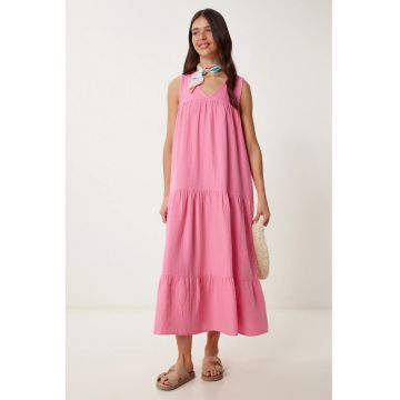 Rochie midi Happiness Istanbul - cu volane - roz - bumbac