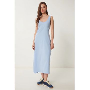 Rochie midi - Happiness Istanbul - decolteu in U - albastru - bumbac