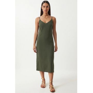 Rochie midi - Happiness Istanbul - decolteu in V - kaki - poliester
