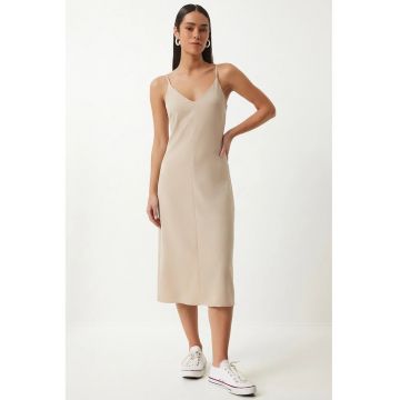 Rochie midi - Happiness Istanbul - decolteu in V - poliester - crem -