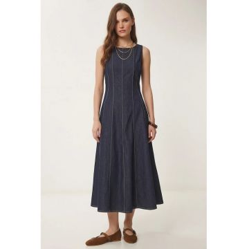 Rochie midi - Happiness Istanbul - denim - guler rotund - bleumarin - poliester/elastan