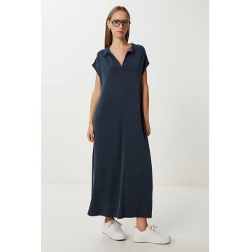 Rochie Midi Happiness Istanbul - Gri Antracit - Guler Polo - Buzunar - Bumbac-Elastan -