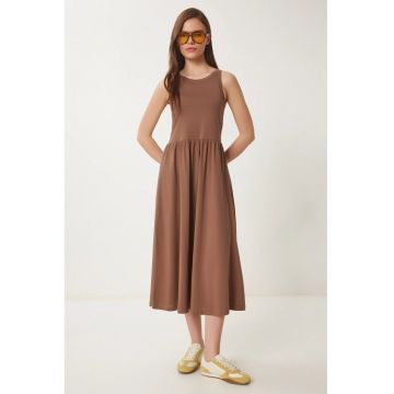 Rochie Midi - Happiness Istanbul - Guler rotund - bumbac - maro