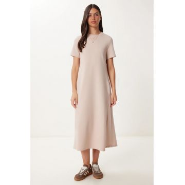 Rochie midi Happiness Istanbul - maneci scurte - crem - bumbac/poliester/elastan -
