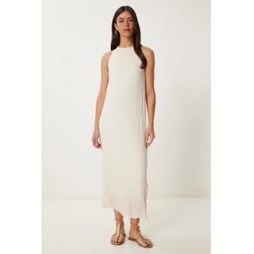 Rochie midi - Happiness Istanbul - texturata - crem - bumbac/elastan