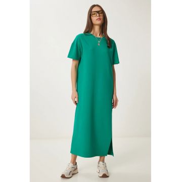Rochie midi - Happiness Istanbul - verde - bumbac - cu slit - maneca scurta -