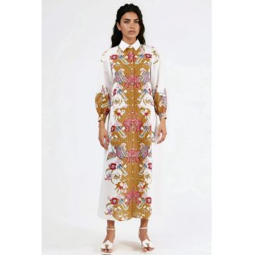 Rochie midi -  imprimeu floral - maneca lunga - poliester/lycra - alb/auriu