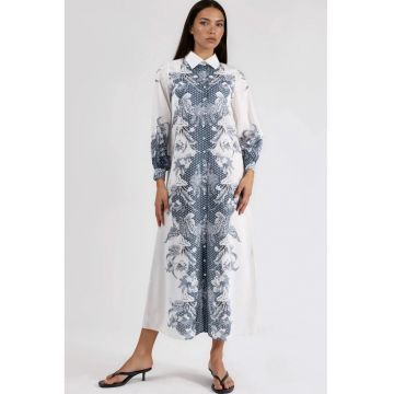 Rochie midi -  imprimeu floral - maneca lunga - poliester/lycra - alb/gri