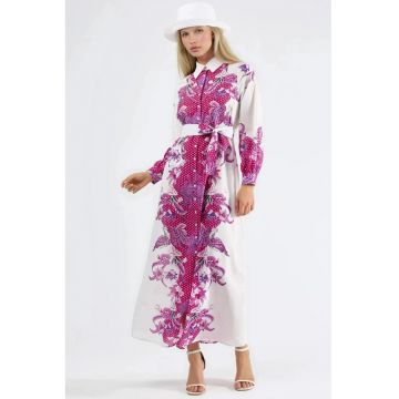 Rochie midi -  imprimeu floral - maneca lunga - poliester/lycra - roz/alb