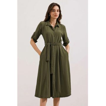 Rochie midi  kaki - cu maneca lunga - textil/poliester/lycra
