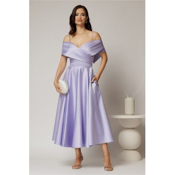 Rochie midi lila din tafta de ocazie cu umeri goi