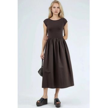 Rochie midi -  maneca scurta - maro - bumbac si poliester