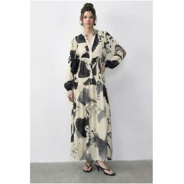 Rochie midi  model abstract - bej/gri - decolteu in V - maneci lungi - viscoza