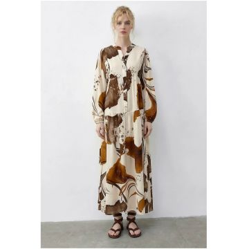 Rochie midi  model abstract - decolteu in V - maneci lungi - viscoza - bej/maro