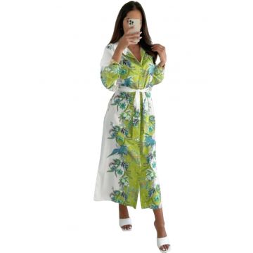 Rochie midi -  model floral - alb/verde - cu cordon - guler tip camasa