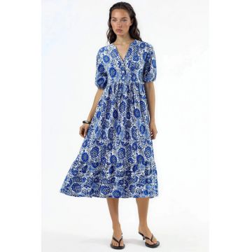 Rochie midi  model floral - albastru - maneci trei sferturi - croiala lejera