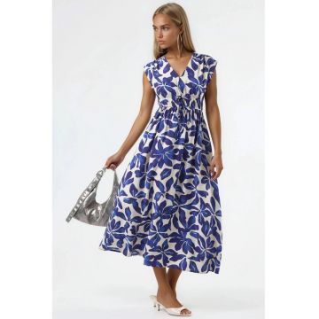 Rochie midi  model floral - decolteu in V - albastru/alb - viscoza/nylon