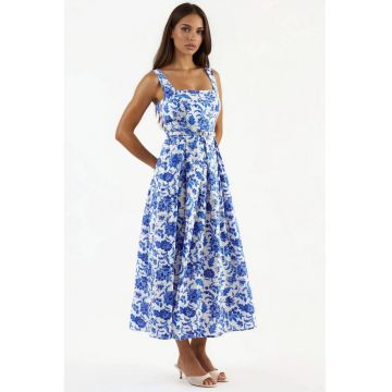 Rochie midi  model floral - guler patrat - alb/albastru - viscoza/nylon