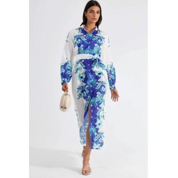 Rochie midi MSN cu imprimeu floral - maneca lunga - poliester - alb/albastru